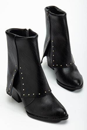 Kadın Sivri Burun Siyah Cilt Detaylı Topuklu Bot