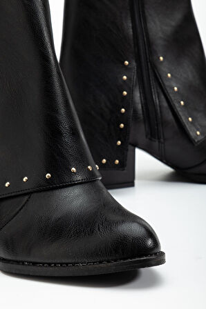 Kadın Sivri Burun Siyah Cilt Detaylı Topuklu Bot