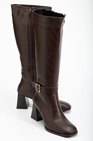 Kadın Kahverengi Cilt Küt Burun Diz Altı Topuklu Çizme