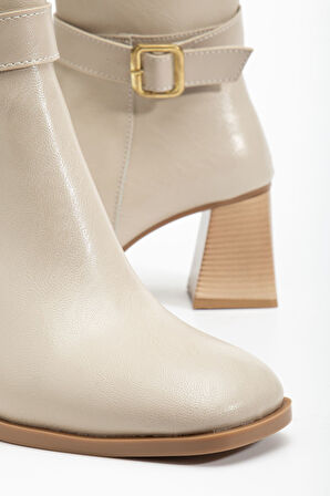 Kadın Bej Cilt Küt Burun Diz Altı Topuklu Çizme