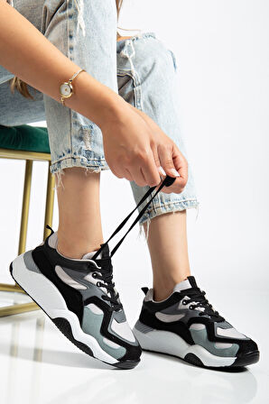 SP-172-2 Siyah Gri Bağcıklı Kadın Spor Ayakkabı