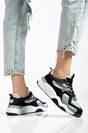 SP-172-2 Siyah Gri Bağcıklı Kadın Spor Ayakkabı