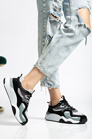 SP-172-2 Siyah Gri Bağcıklı Kadın Spor Ayakkabı