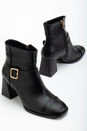 Kadın Siyah Küt Burun Tokalı Topuklu Bot