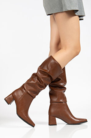 Kadın Taba Cilt Körüklü Uzun Sivri Burunlu Topuklu Çizme