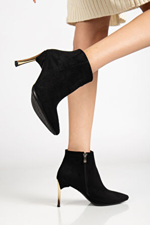 Kadın Siyah Süet Sivri Burun Kısa Boy İnce Topuklu Bot