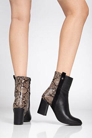 292 Siyah Leopar Desen Detaylı Fermuarlı  Yüksek Topuklu Günlük Kadın Bot