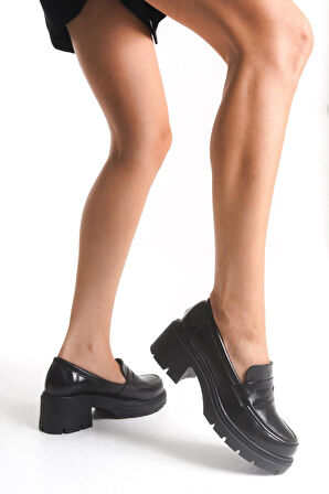 K-706 Siyah Kırışık Rugan Yüksek Tabanlı Loafer Ayakkabı