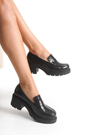 K-706 Siyah Kırışık Rugan Yüksek Tabanlı Loafer Ayakkabı