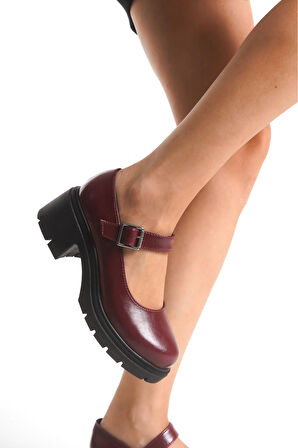 K-708 Bordo Kırışık Rugan Tokalı Yüksek Tabanlı Loafer Ayakkabı