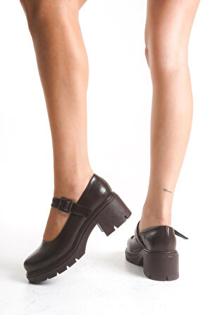 K-708 Kahve Kırışık Rugan Tokalı Yüksek Tabanlı Loafer Ayakkabı