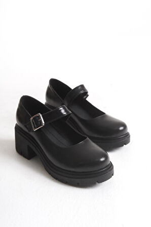 K-708 Siyah Kırışık Rugan Tokalı Yüksek Tabanlı Loafer Ayakkabı