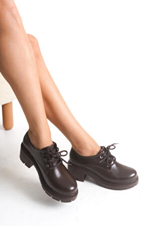 K-707 Kahve Kırışık Rugan Yüksek Tabanlı Bağcıklı  Loafer Ayakkabı