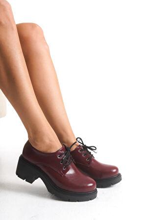 K-707 Bordo Kırışık Rugan Yüksek Tabanlı Bağcıklı  Loafer Ayakkabı