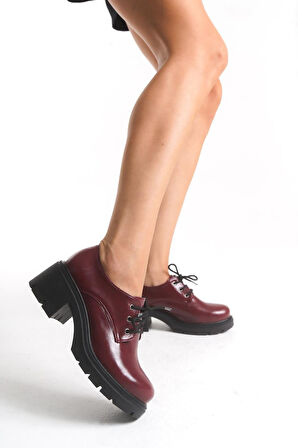 K-707 Bordo Kırışık Rugan Yüksek Tabanlı Bağcıklı  Loafer Ayakkabı