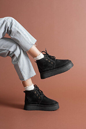 Venessa Kadın Mini Siyah Süet Bağcıklı içi Tüylü Düz Taban Bot