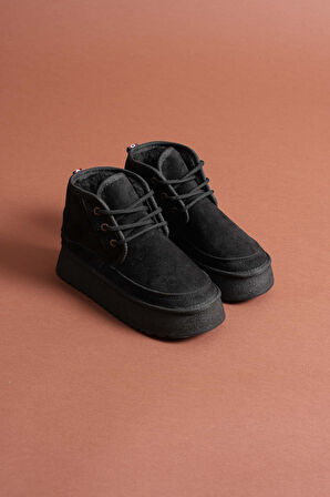 Venessa Kadın Mini Siyah Süet Bağcıklı içi Tüylü Düz Taban Bot