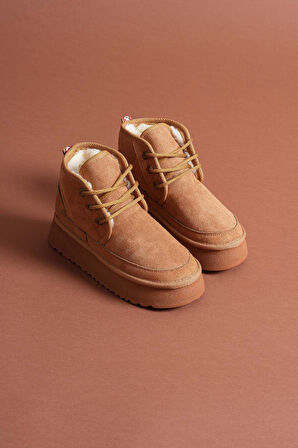 Venessa Kadın Mini Taba Süet Bağcıklı içi Tüylü Düz Taban Bot