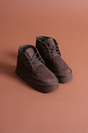 Venessa Kadın Mini Acı Kahve Süet Bağcıklı içi Tüylü Düz Taban Bot