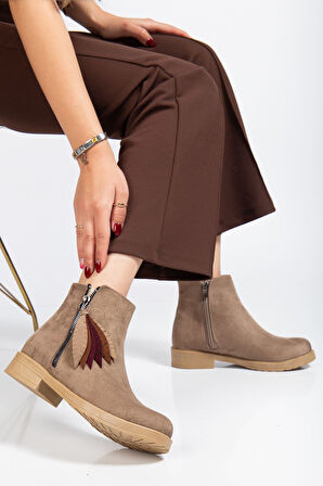 Vizon Süet  Yaprak Desenli Fermuarlı Günlük Kadın Bot