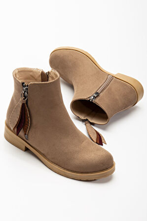 Vizon Süet  Yaprak Desenli Fermuarlı Günlük Kadın Bot