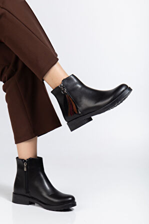 Siyah Cilt Yaprak Desenli Fermuarlı Günlük Kadın Bot