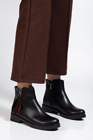 Siyah Cilt Yaprak Desenli Fermuarlı Günlük Kadın Bot