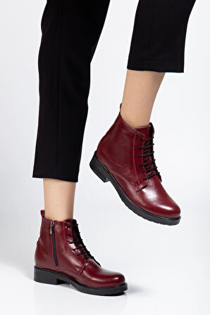 Bordo Yanki Bağcıklı Fermuarlı Günlük Kadın Bot