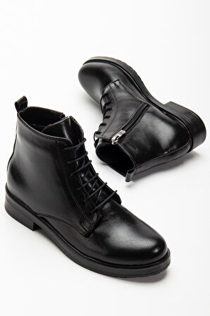 Siyah Yanki Bağcıklı Fermuarlı Günlük Kadın Bot