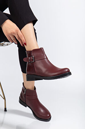 Bordo Kroko Toka Aksesuarlı Fermuarlı Günlük Kadın Bot