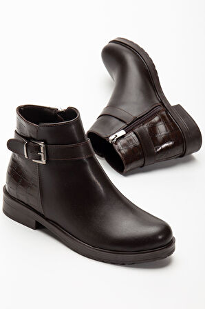 Kahve Kroko Toka Aksesuarlı Fermuarlı Günlük Kadın Bot