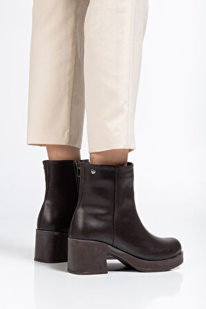 Kahve Fermuarlı Kalın Topuklu Günlük Kadın Bot