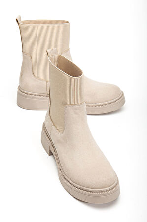 Kadın Kalın Taban Bej Süet Elastik Yan Bantlı Günlük Bot