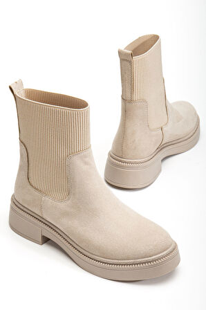 Kadın Kalın Taban Bej Süet Elastik Yan Bantlı Günlük Bot