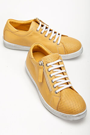 Kadın Sarı Hakiki Deri Delikli Spor Ayakkabı