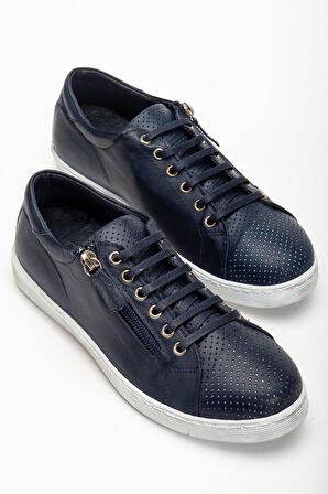 Kadın Lacivert Hakiki Deri Delikli Spor Ayakkabı