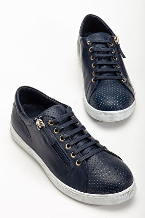 Kadın Lacivert Hakiki Deri Delikli Spor Ayakkabı