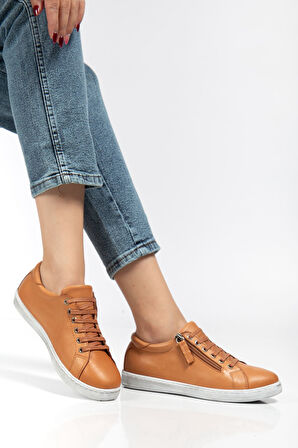 Kadın Taba Hakiki Deri Yandan Fermuarlı Bağcıklı Spor Ayakkabı