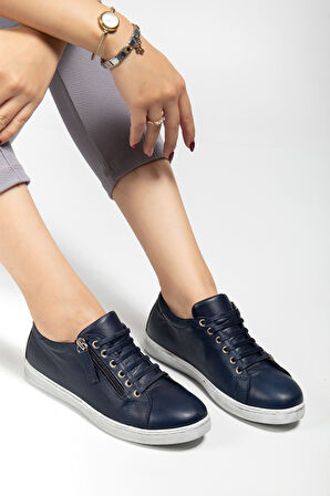 Kadın Lacivert Hakiki Deri Yandan Fermuarlı Bağcıklı Spor Ayakkabı