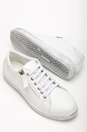 Kadın Beyaz Hakiki Deri Yandan Fermuarlı Bağcıklı Spor Ayakkabı