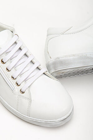 Kadın Beyaz Hakiki Deri Yandan Fermuarlı Bağcıklı Spor Ayakkabı