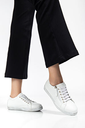 Kadın Beyaz Hakiki Deri Yandan Fermuarlı Bağcıklı Spor Ayakkabı