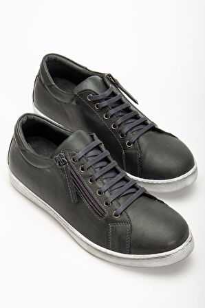 Kadın Füme Hakiki Deri Yandan Fermuarlı Bağcıklı Spor Ayakkabı