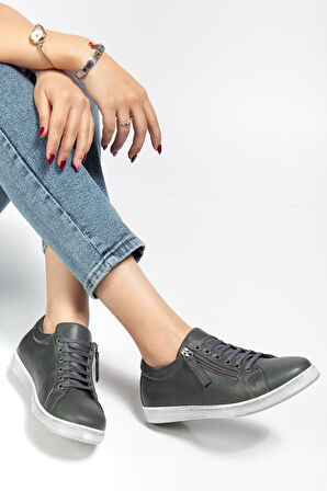 Kadın Füme Hakiki Deri Yandan Fermuarlı Bağcıklı Spor Ayakkabı