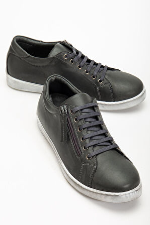 Kadın Füme Hakiki Deri Yandan Fermuarlı Bağcıklı Spor Ayakkabı