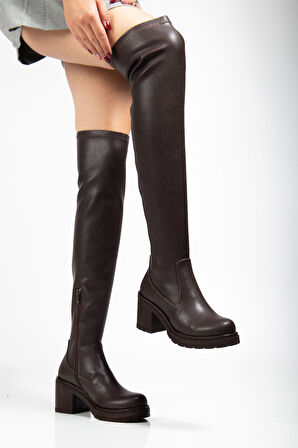 Kahve Streç Günlük Kalın Topuklu Kadın Çizme