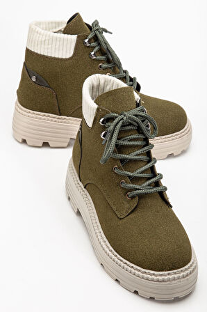 Kadın Haki Süet Bağcıklı Kaymaz Taban Bot