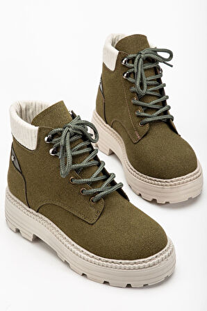 Kadın Haki Süet Bağcıklı Kaymaz Taban Bot