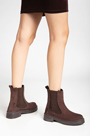 Kadın Lastikli Günlük Kahverengi Süet Kalın Tabanlı Bot