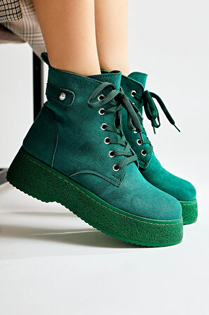 Kadın Postal Bot Bağcıklı Yandan Fermuarlı Yeşil Termo Kaymaz Taban